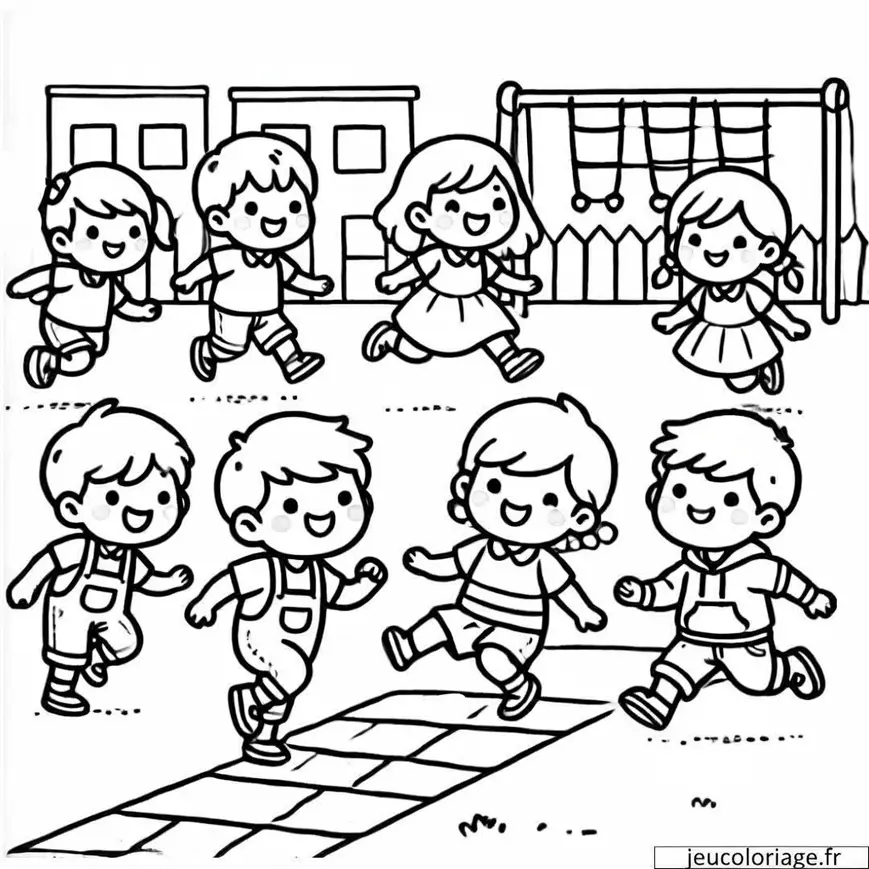 Coloriage d&rsquo;enfants jouant à la marelle