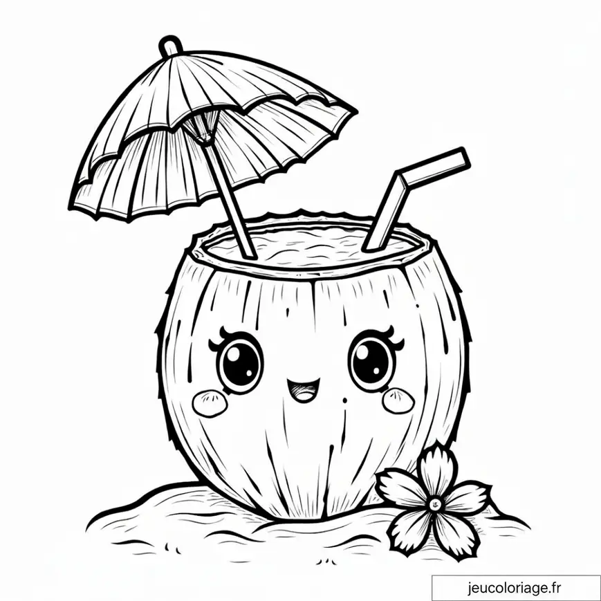 Coloriage d&rsquo;un Coco Sourire avec Parasol et Paille