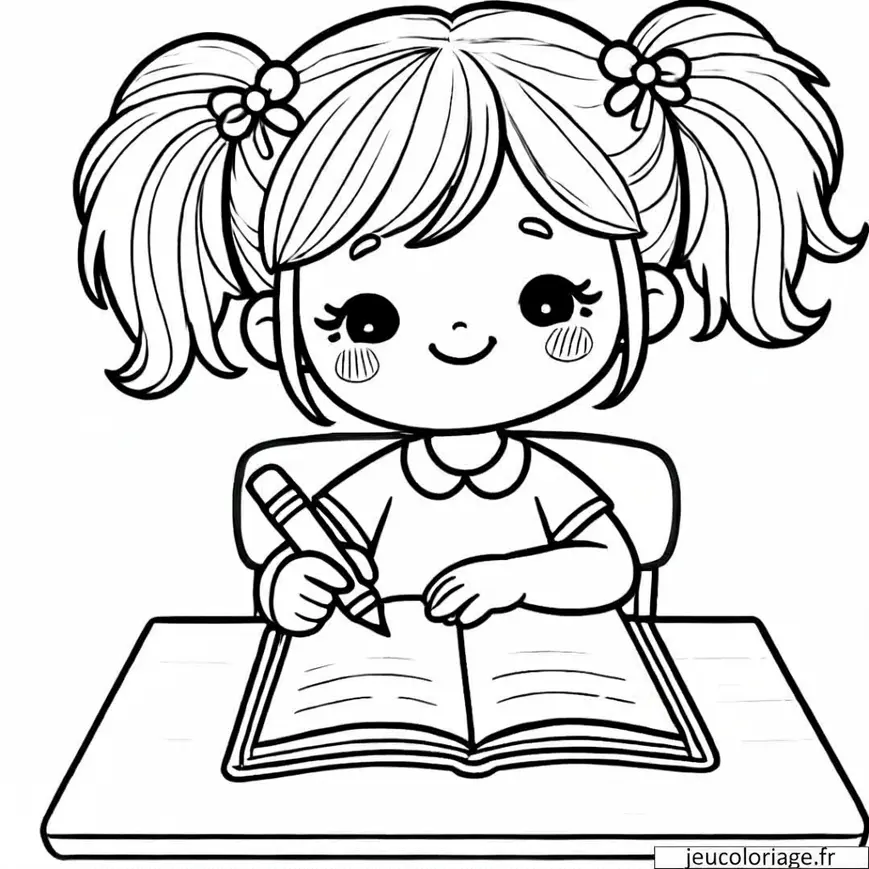 Coloriage d&rsquo;une fille à son bureau d&rsquo;école
