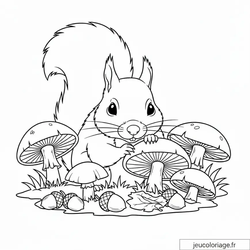Coloriage écureuil parmi les champignons et glands