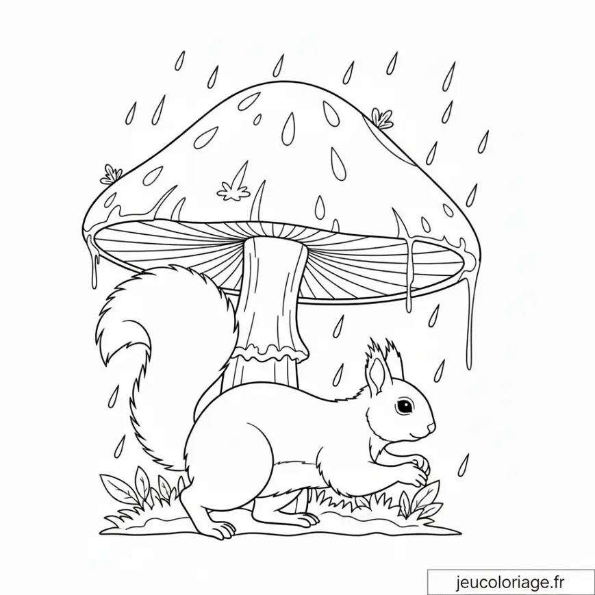Coloriage écureuil sous champignon en pleine pluie