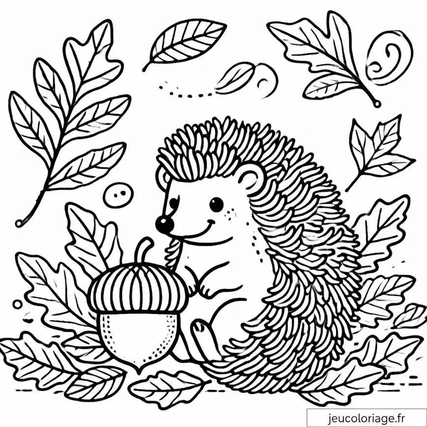 Coloriage hérisson et gland automnale