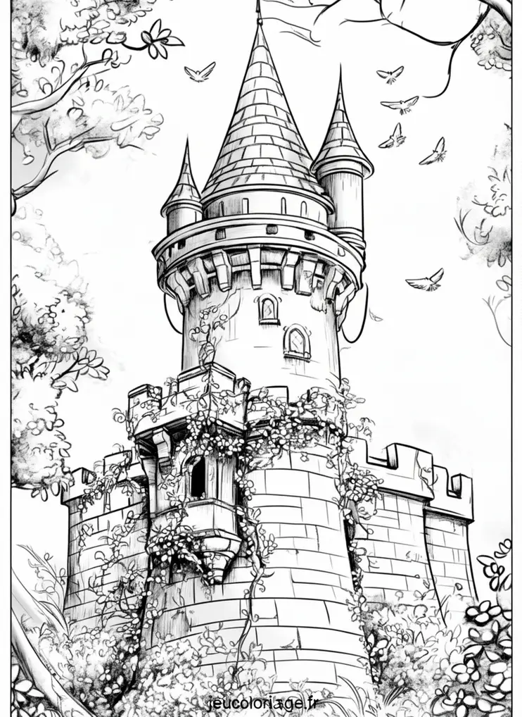 Coloriage magique château enchanté et nature luxuriante