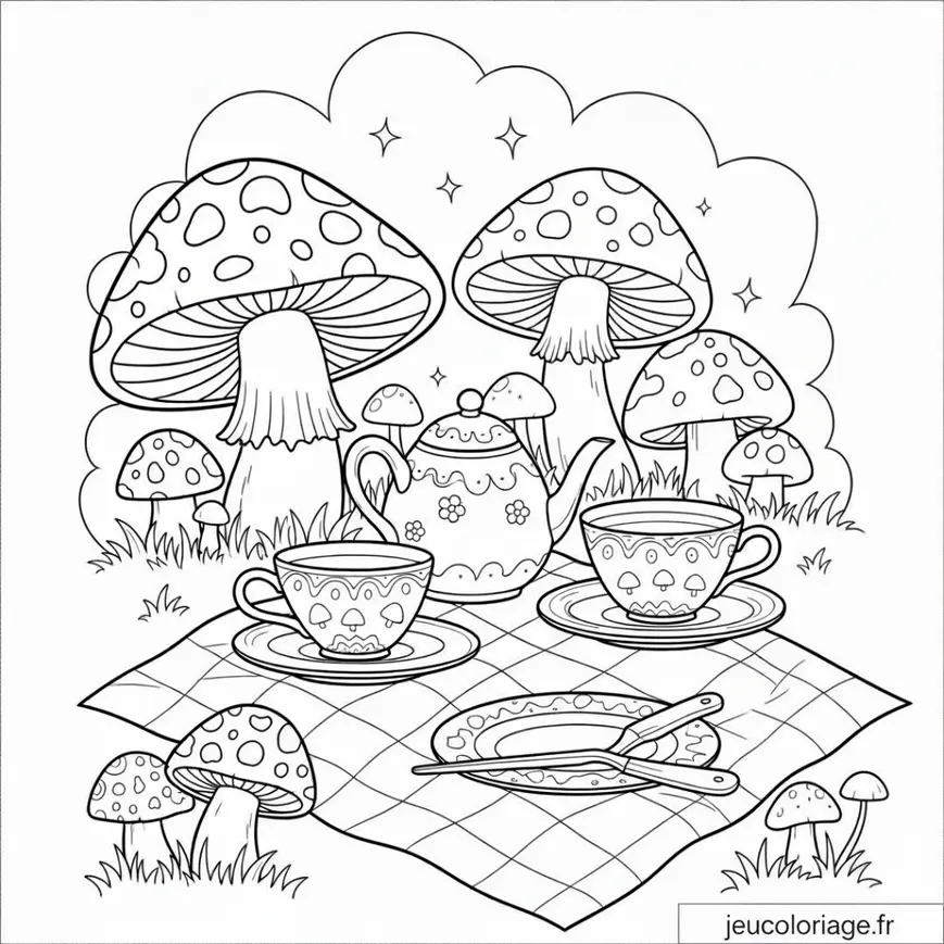 Coloriage magique de pique-nique féerique sous les champignons