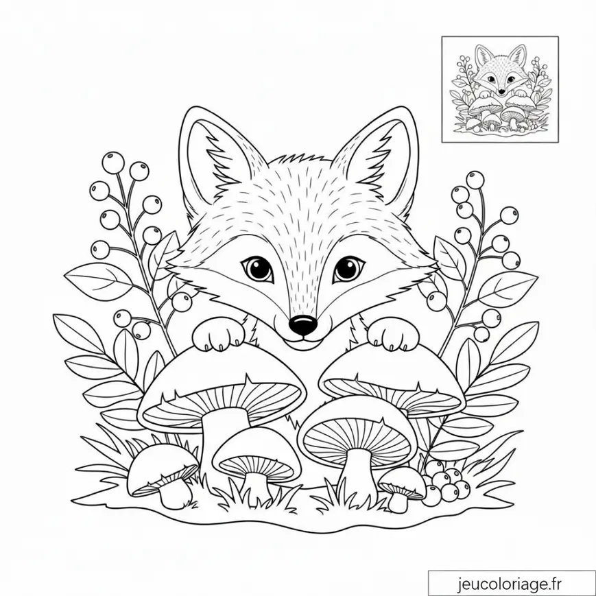 Coloriage mignon de renard avec champignons et baies