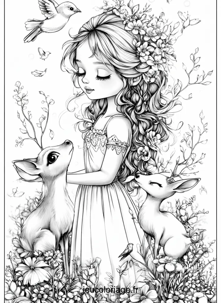 Coloriage nature enchantée avec fée et faons