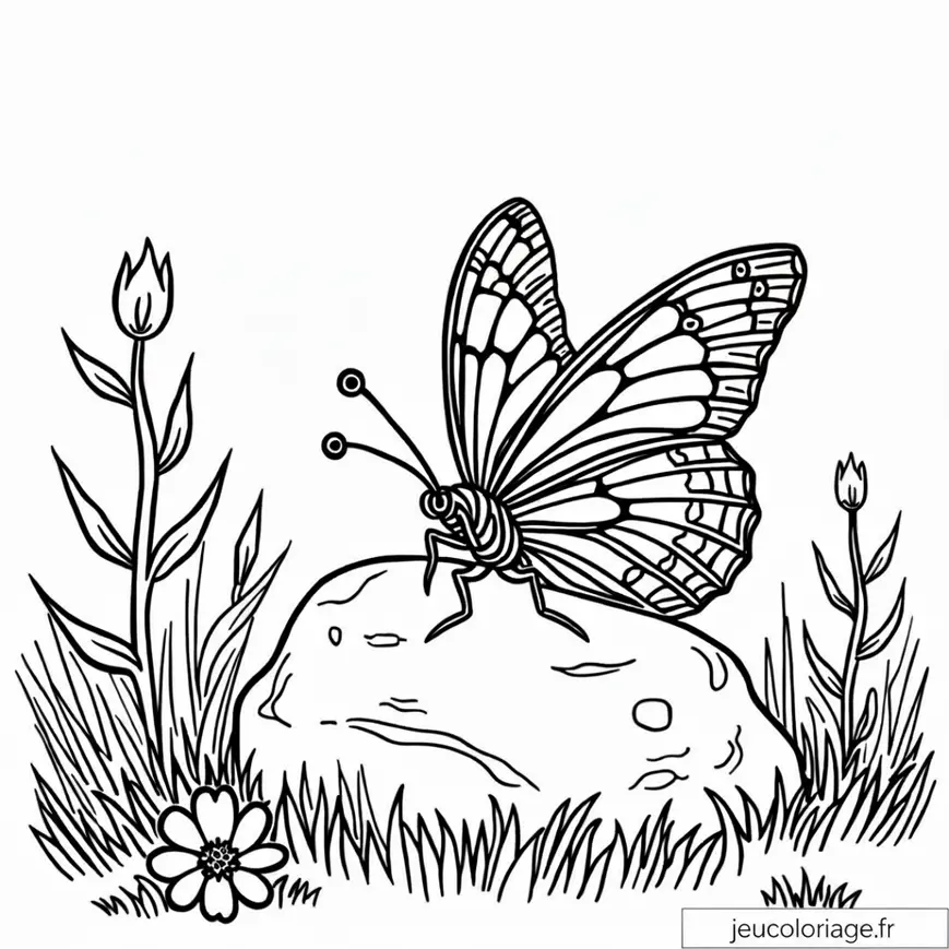 Coloriage papillon posé sur une pierre en pleine nature