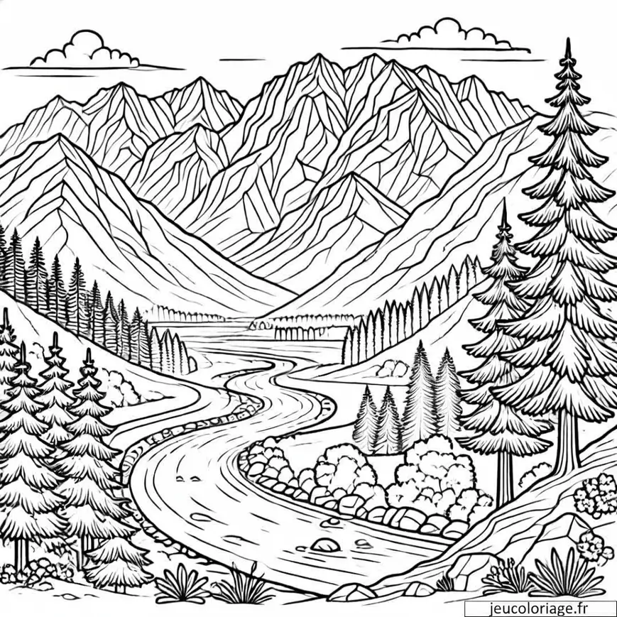 Coloriage paysage montagne et rivière