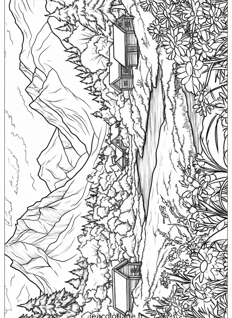 Coloriage paysage montagneux avec chalets et fleurs