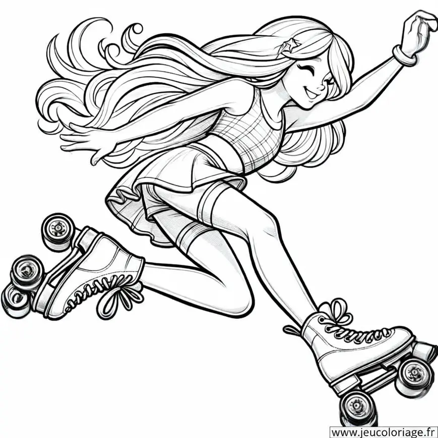 Coloriage petite fille faisant du patin à roulettes