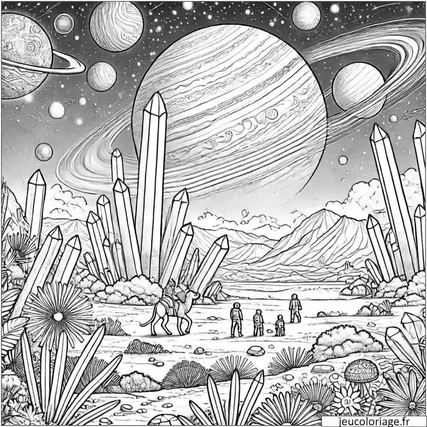 Coloriage planète extraterrestre avec créatures aliens