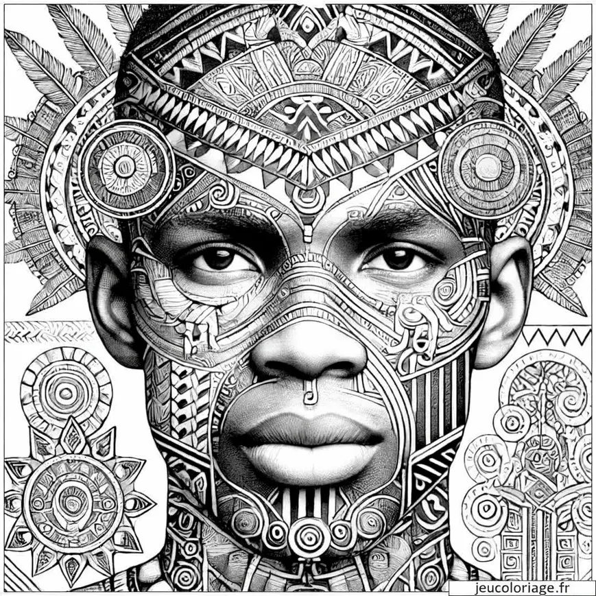 Coloriage portrait homme tribal et art africain traditionnel