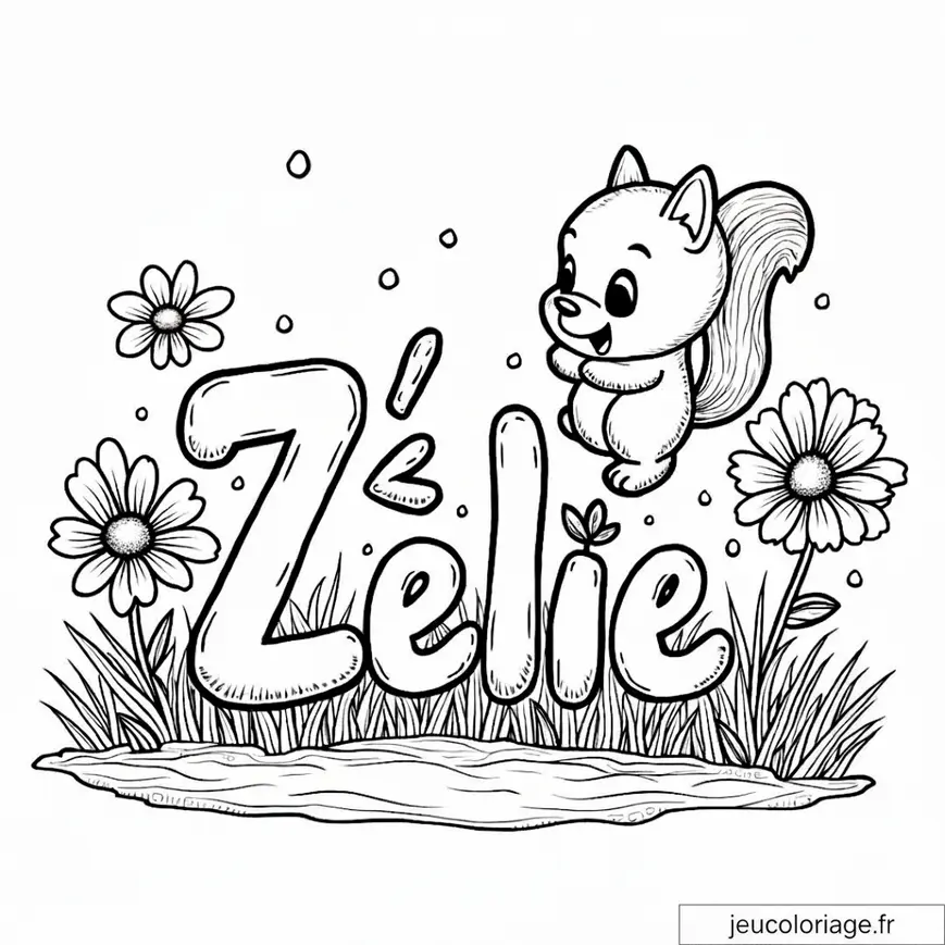 Coloriage pour enfants : Écureuil et fleurs joyeuses