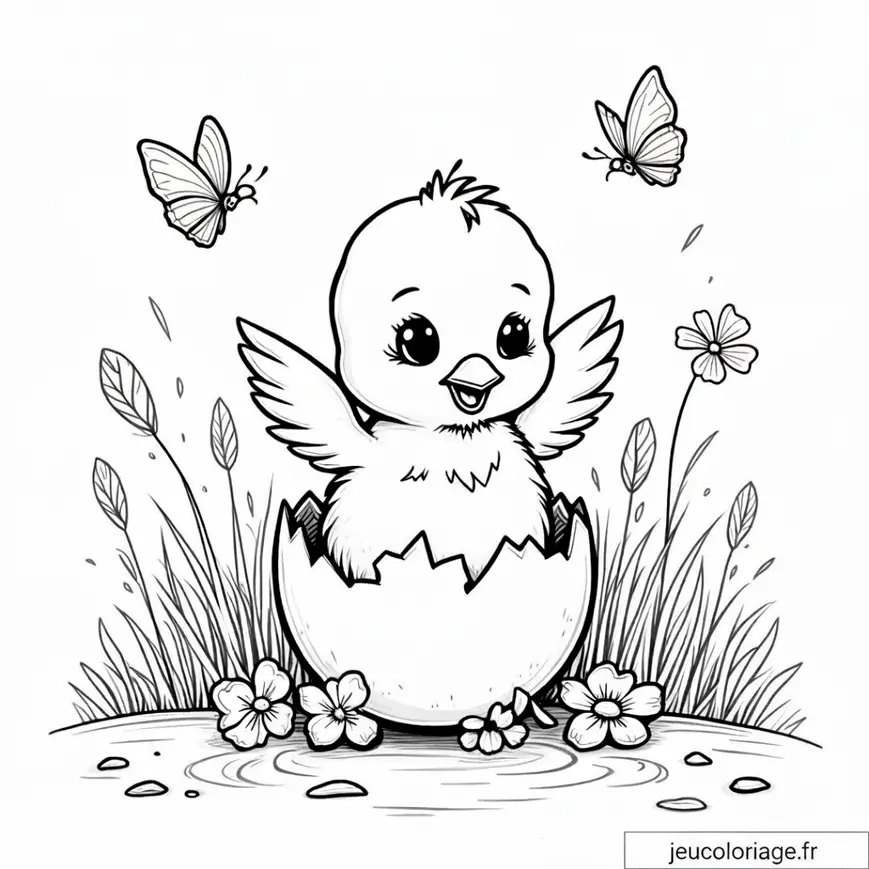 Coloriage poussin adorable sortant de son œuf au jardin