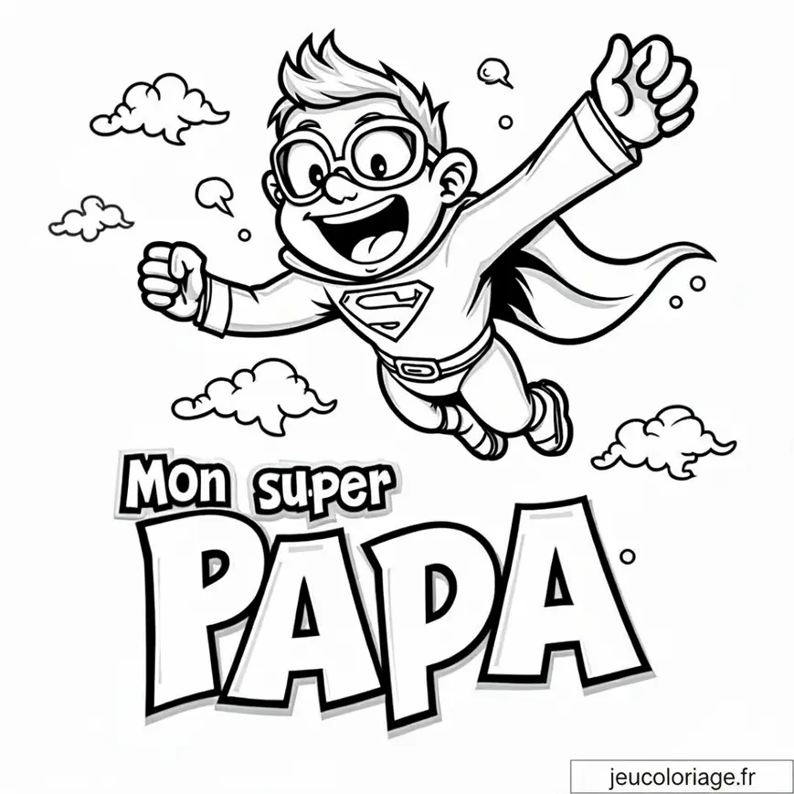 Coloriage super papa volant parmi les nuages