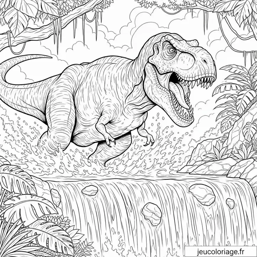 Coloriage tyrannosaure à travers une cascade dynamique
