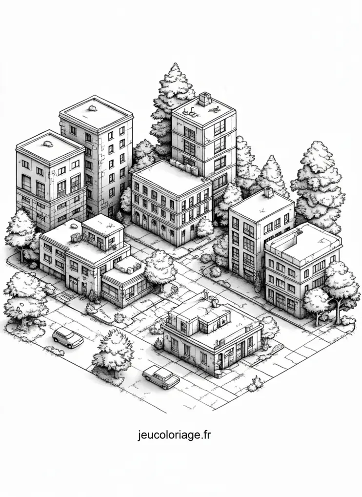 Coloriage urbain : Immeubles et rues en perspective