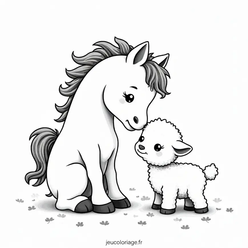 Dessin à colorier mignon de cheval et agneau pour enfants