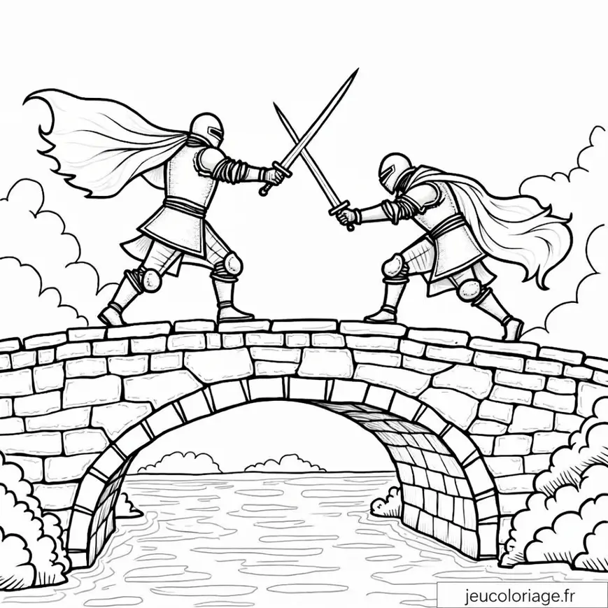 Dessin de chevaliers en duel sur un pont médiéval à colorier