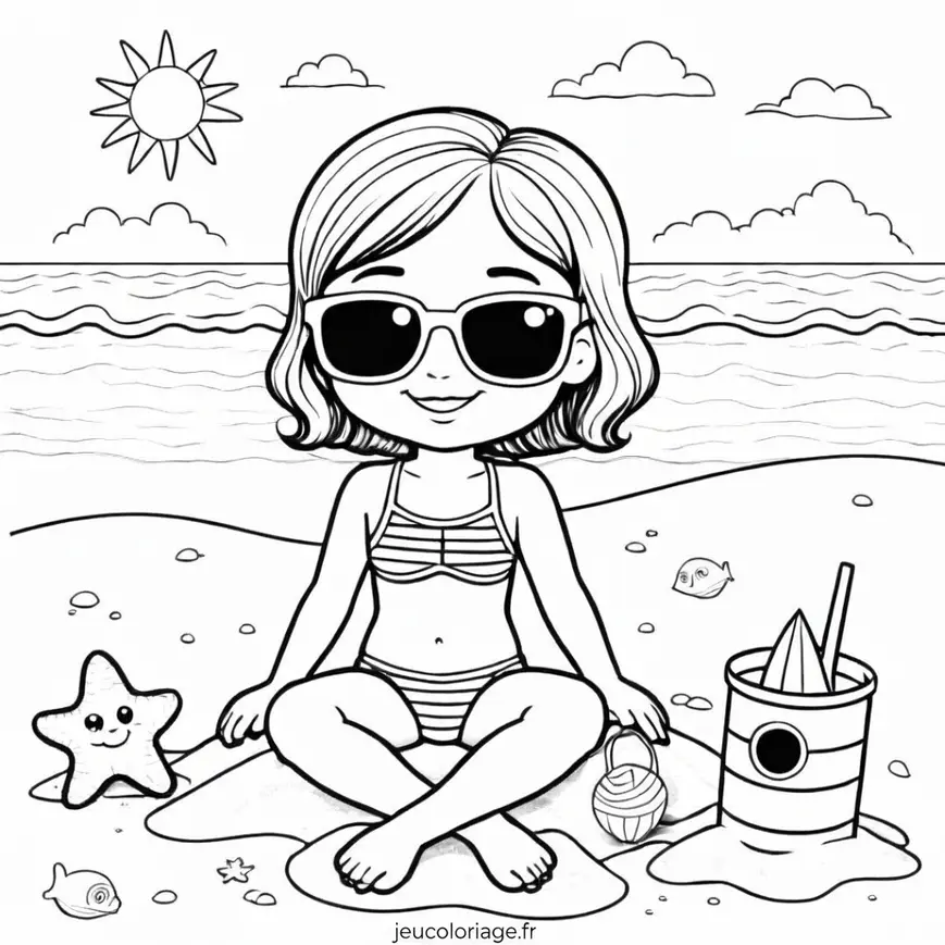Fille souriante à la plage prêt à être coloriée