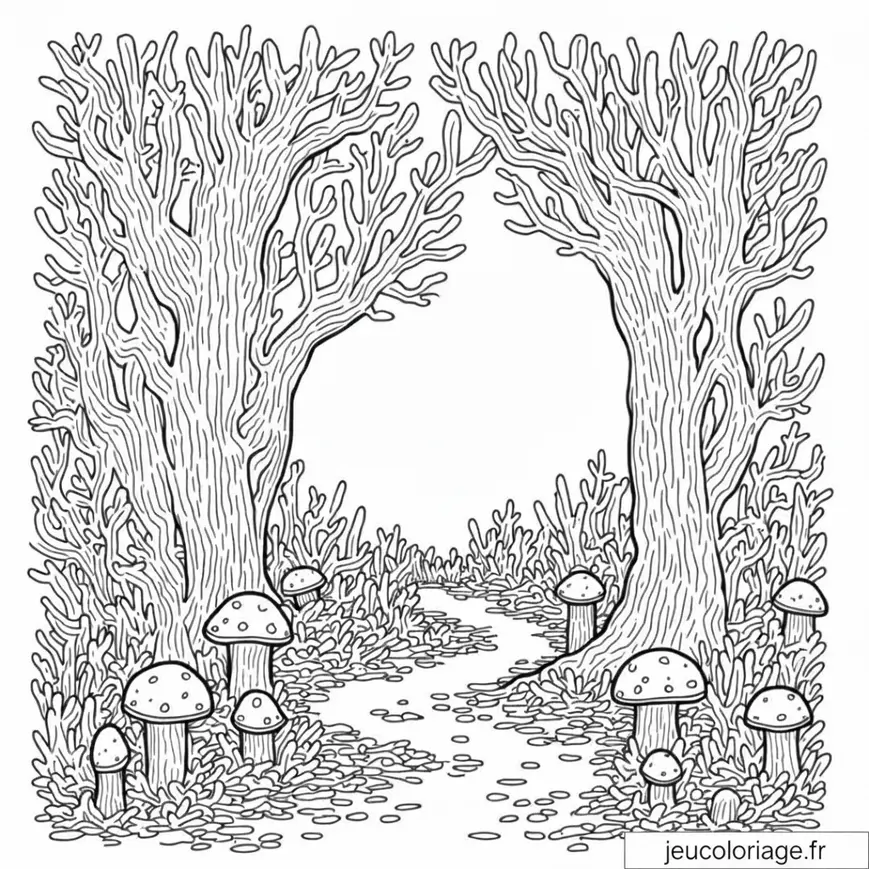 Forêt enchanteresse avec arbres et champignons à colorier
