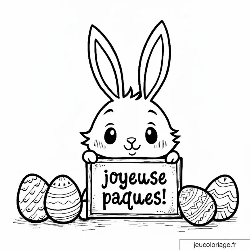 Joyeux coloriage de Pâques avec lapin et œufs à colorier