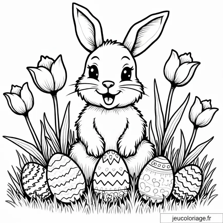 Lapin de Pâques entouré de fleurs et d&rsquo;œufs à colorier