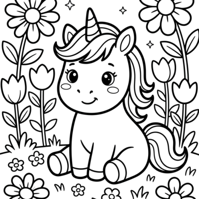 Bébé licorne et fleurs à imprimer et colorier