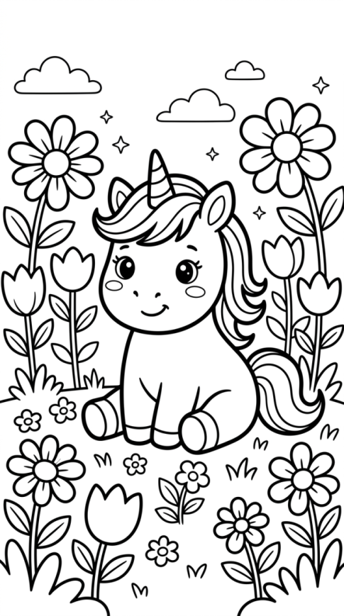 Bébé licorne et fleurs à imprimer et colorier