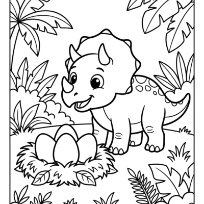 Un jeune tricératops observe trois œufs dans un nid entouré de feuilles.