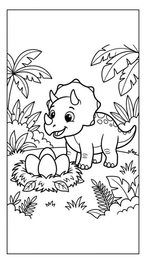 Un jeune tricératops observe trois œufs dans un nid entouré de feuilles.