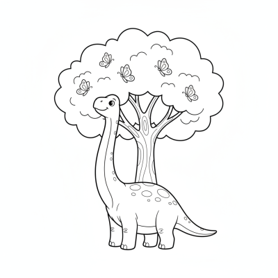 Un brachiosaure lève la tête vers des papillons autour d’un grand arbre.