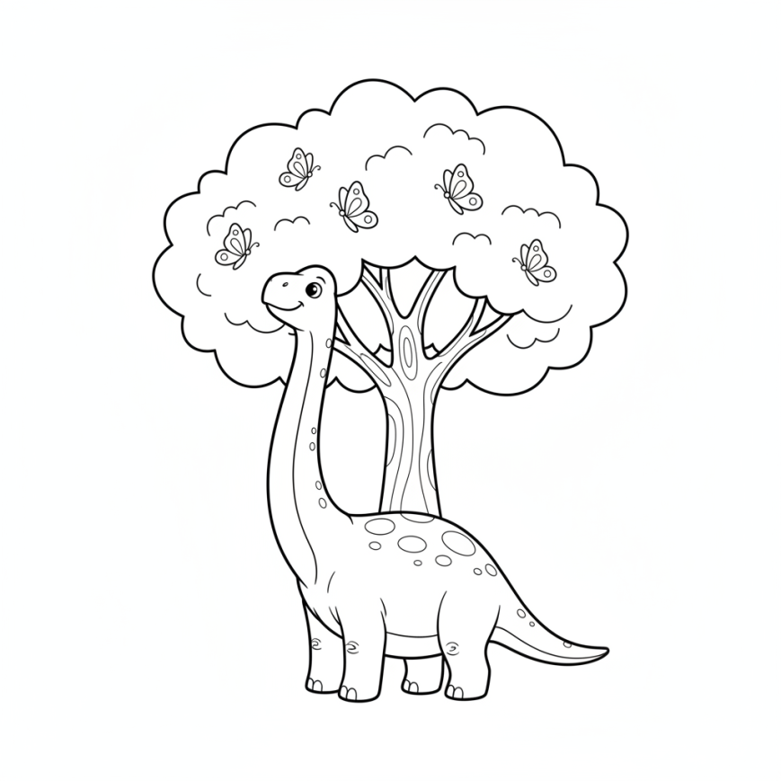 Un brachiosaure lève la tête vers des papillons autour d’un grand arbre.