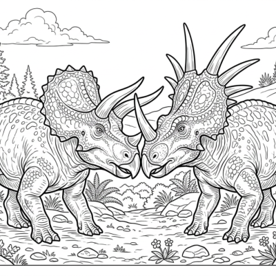 Deux dinosaures à collerette se font face dans une plaine sans violence.