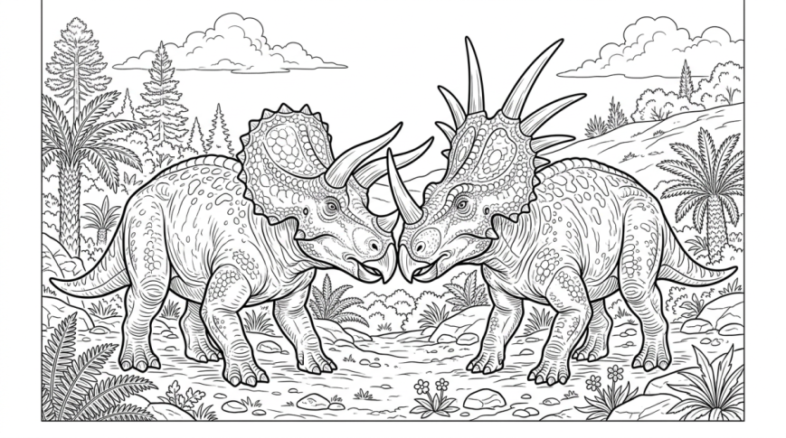 Deux dinosaures à collerette se font face dans une plaine sans violence.