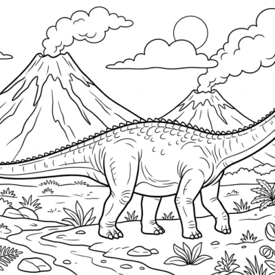 Un diplodocus au long cou marche devant deux volcans et des nuages.