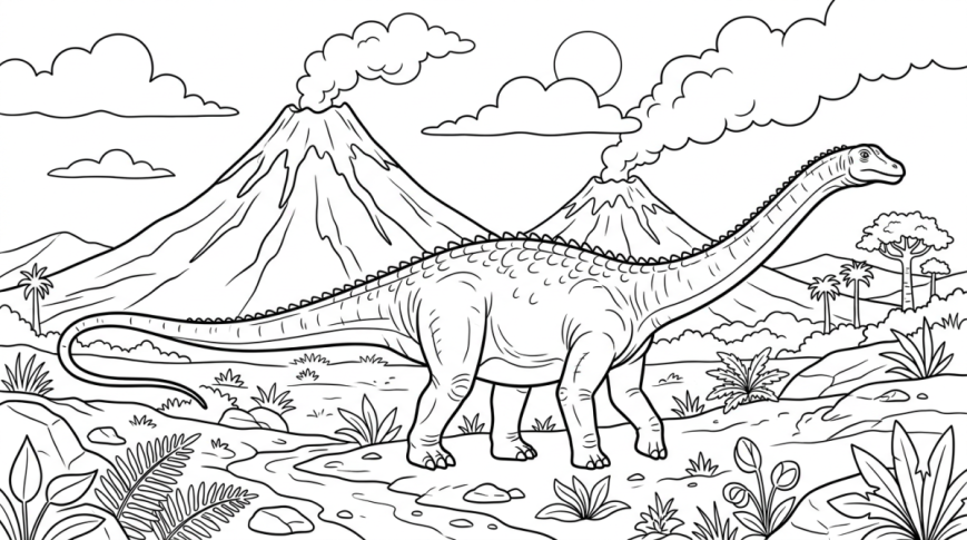 Un diplodocus au long cou marche devant deux volcans et des nuages.