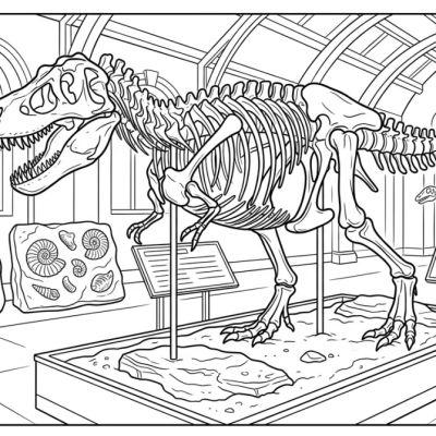 Un squelette de dinosaure exposé avec empreintes, ammonites et panneaux sans texte.