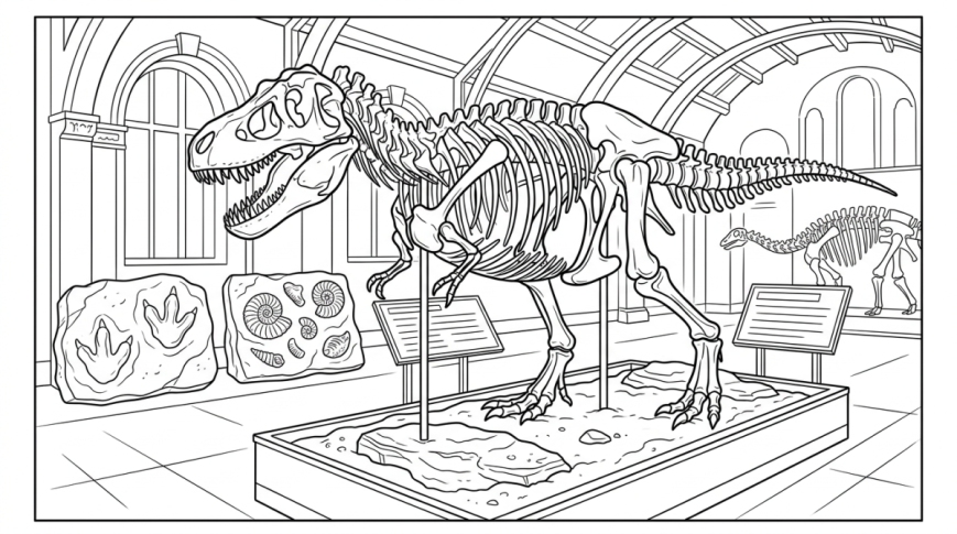 Un squelette de dinosaure exposé avec empreintes, ammonites et panneaux sans texte.