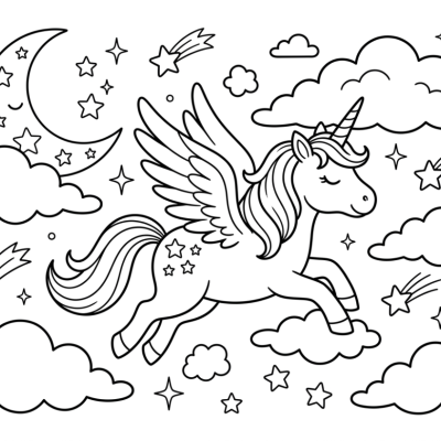 Licorne ailée dans le ciel à imprimer et colorier