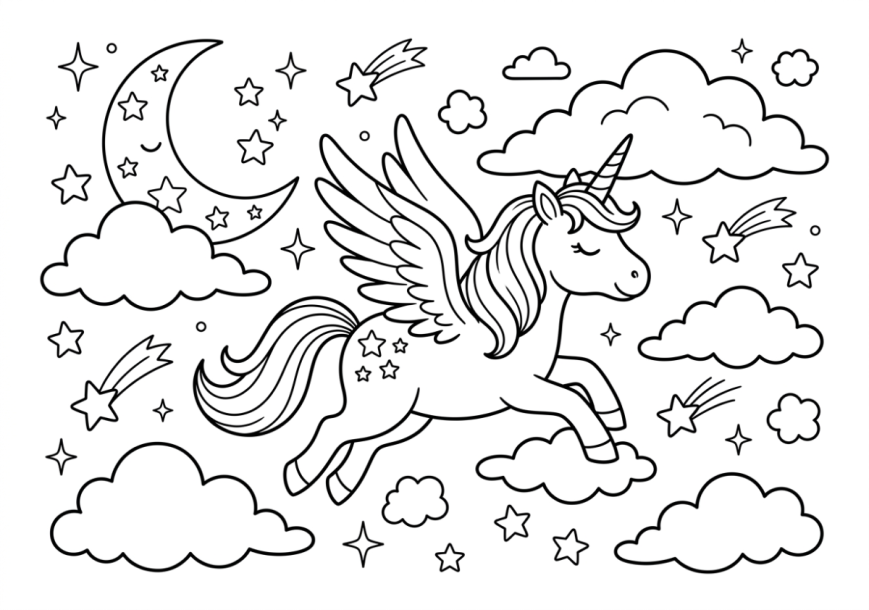 Licorne ailée dans le ciel à imprimer et colorier