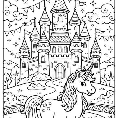 Licorne dans un château féerique à imprimer et colorier
