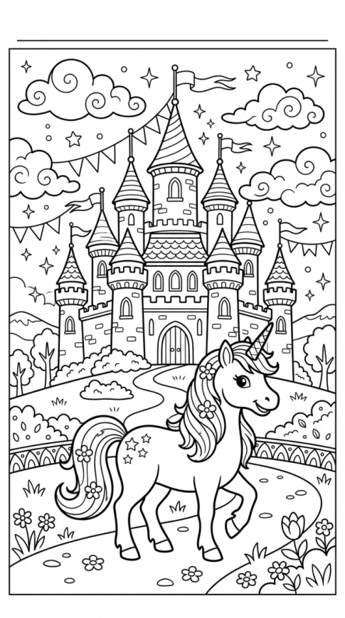 Licorne dans un château féerique à imprimer et colorier