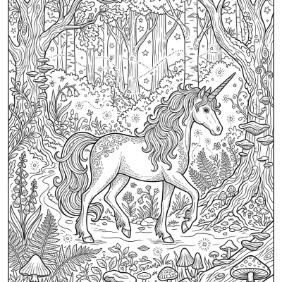 Licorne dans la forêt enchantée à imprimer et colorier