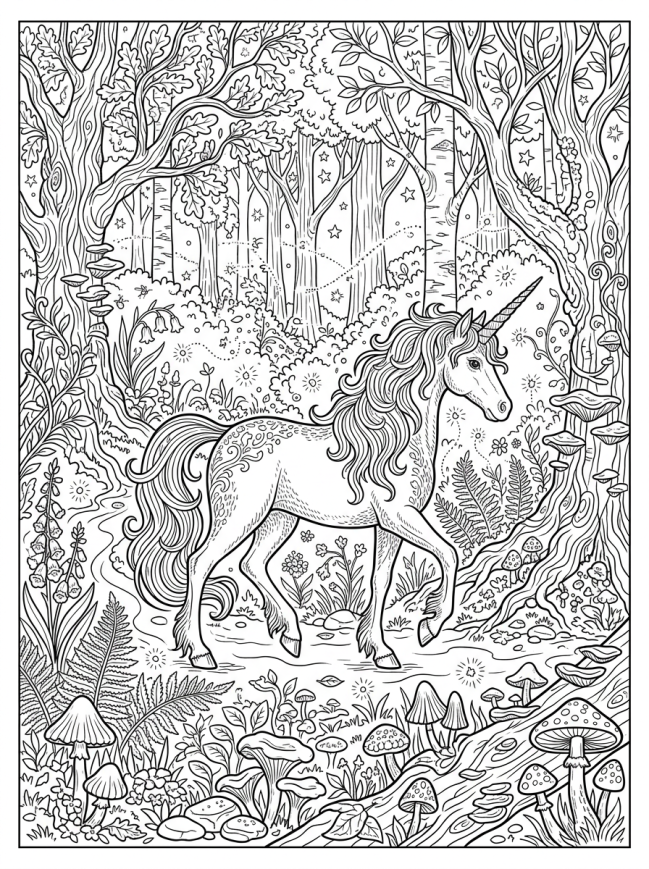 Licorne dans la forêt enchantée à imprimer et colorier