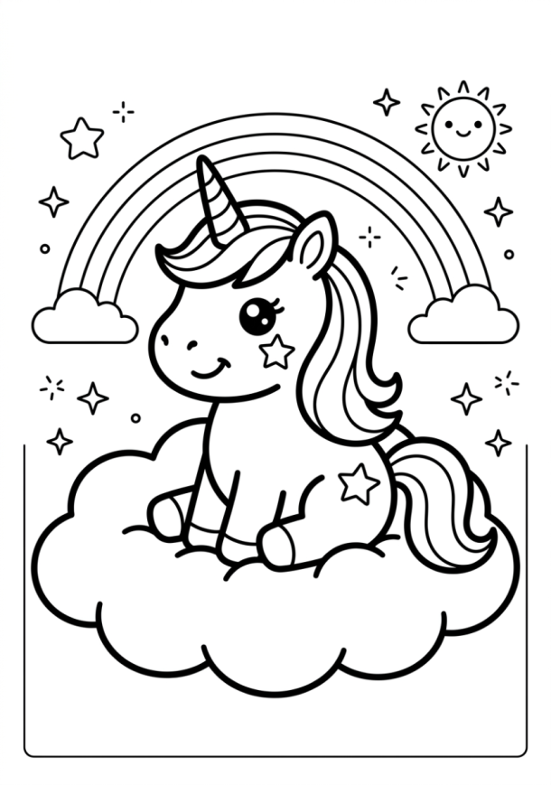 Licorne kawaii sur un nuage à imprimer et colorier