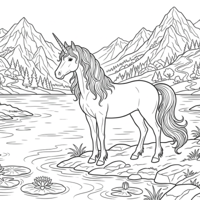 Licorne au bord d’un lac magique à imprimer et colorier