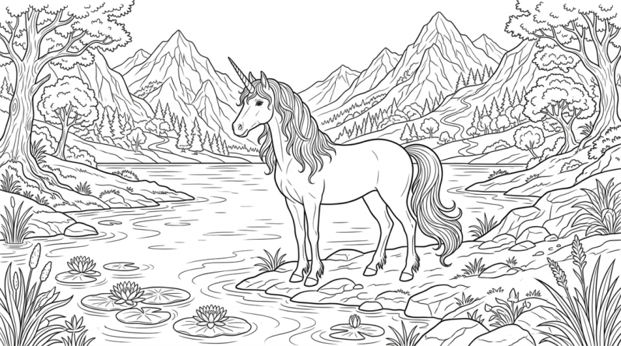 Licorne au bord d’un lac magique à imprimer et colorier