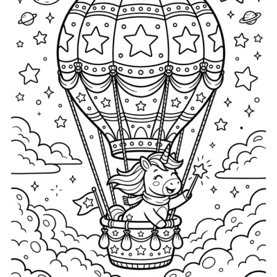Licorne et montgolfière étoilée à imprimer et colorier