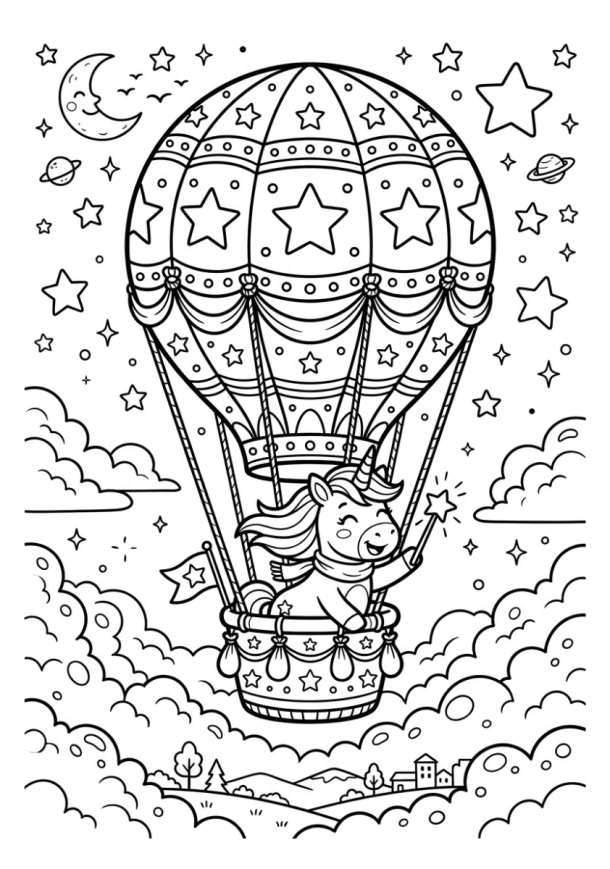 Licorne et montgolfière étoilée à imprimer et colorier